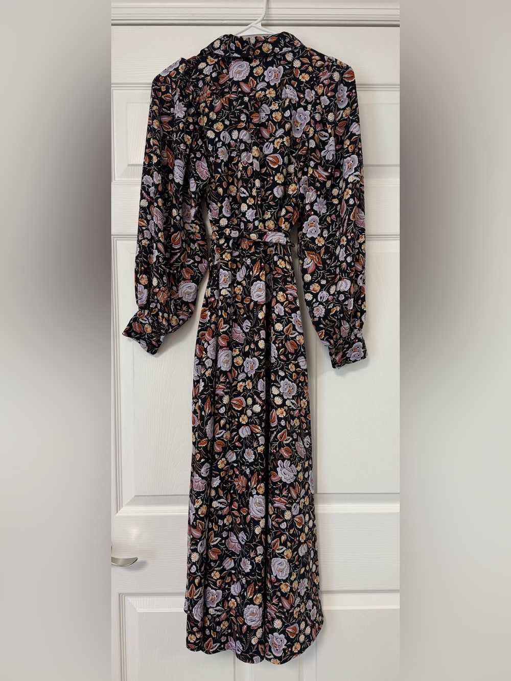 Ann Taylor Black Floral Long-Sleeve Shirt Dress with Puff Sleeves - Picture 2 of 5